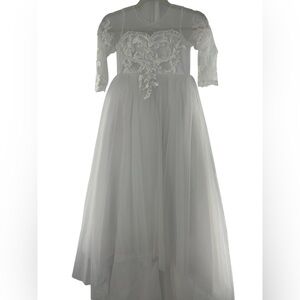 Girls Flower Girl White Dress W/ Corset Back, Lace & Train